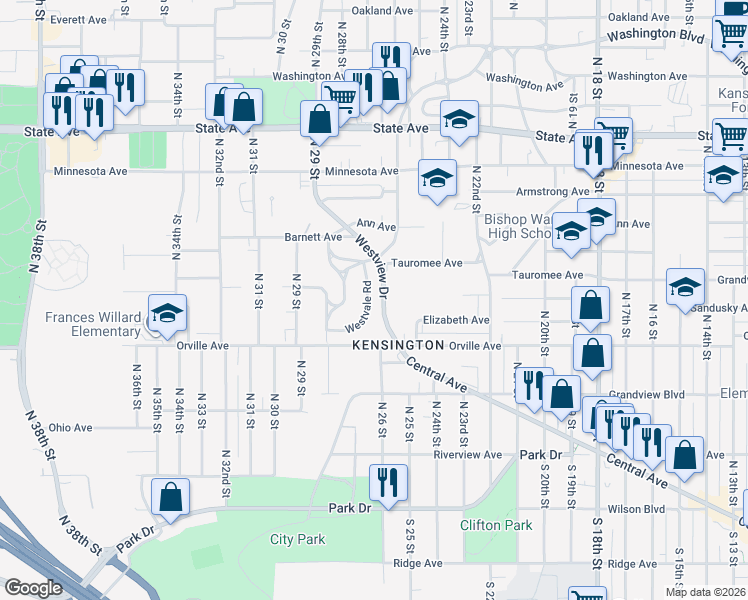 map of restaurants, bars, coffee shops, grocery stores, and more near 543 Westvale Road in Kansas City