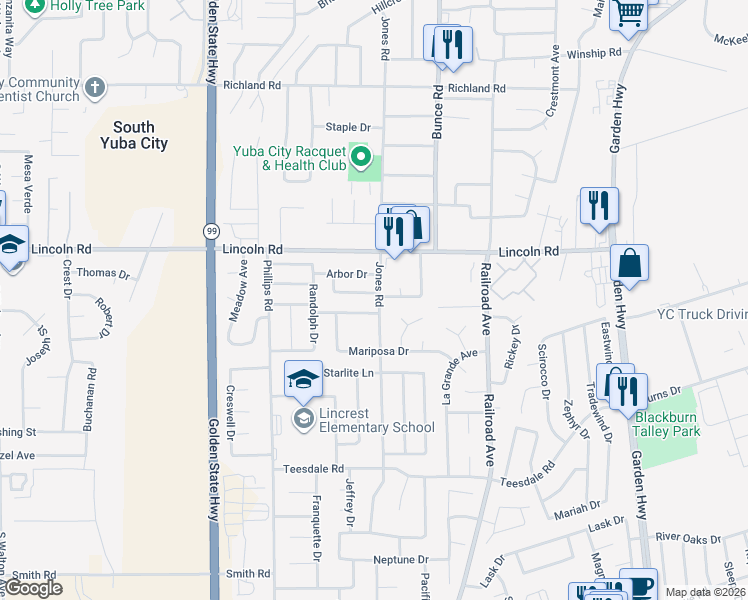 map of restaurants, bars, coffee shops, grocery stores, and more near 1008 Courtyard Drive in Yuba City