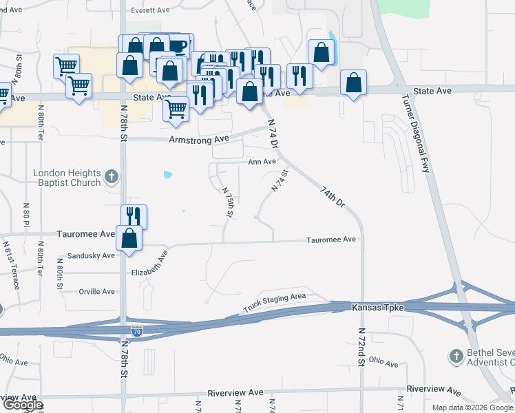map of restaurants, bars, coffee shops, grocery stores, and more near 642 North 74th Street in Kansas City