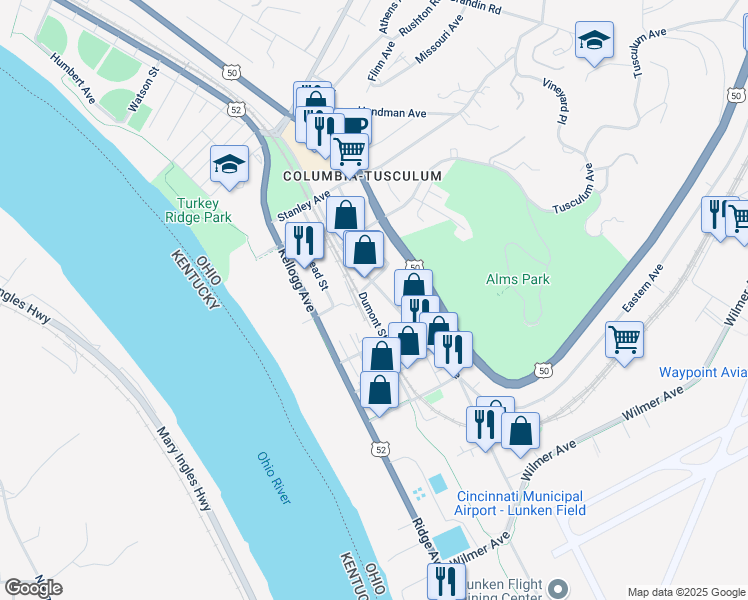 map of restaurants, bars, coffee shops, grocery stores, and more near 3815 Eastern Avenue in Cincinnati