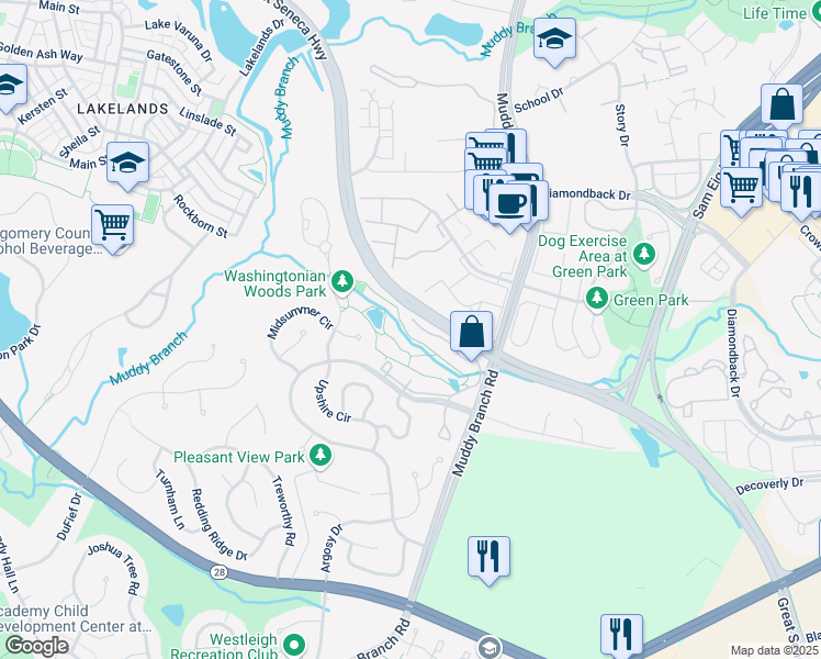 map of restaurants, bars, coffee shops, grocery stores, and more near 1077 Hillside Lake Terrace in Gaithersburg