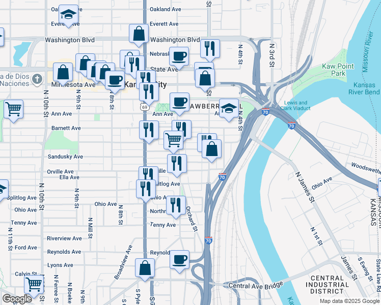 map of restaurants, bars, coffee shops, grocery stores, and more near 531 Sandusky Avenue in Kansas City
