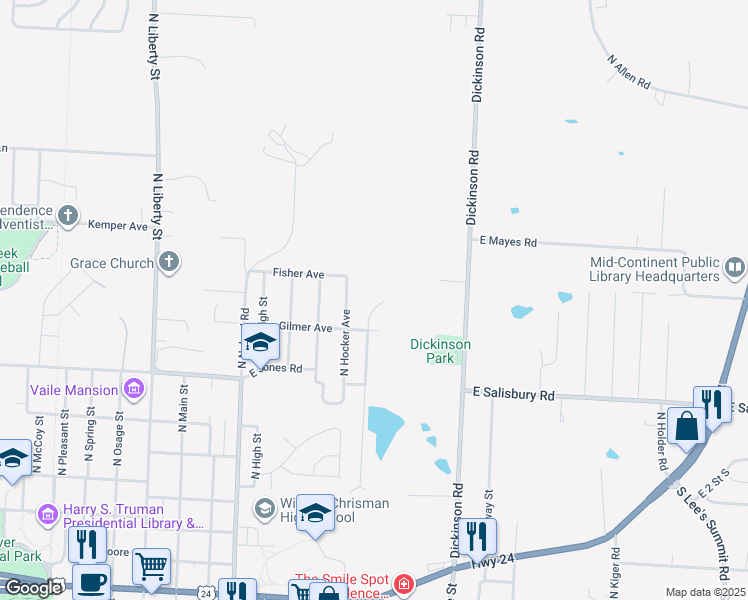 map of restaurants, bars, coffee shops, grocery stores, and more near 1716 North Emery Street in Independence