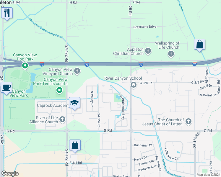 map of restaurants, bars, coffee shops, grocery stores, and more near 2482 Canvasback Place in Grand Junction