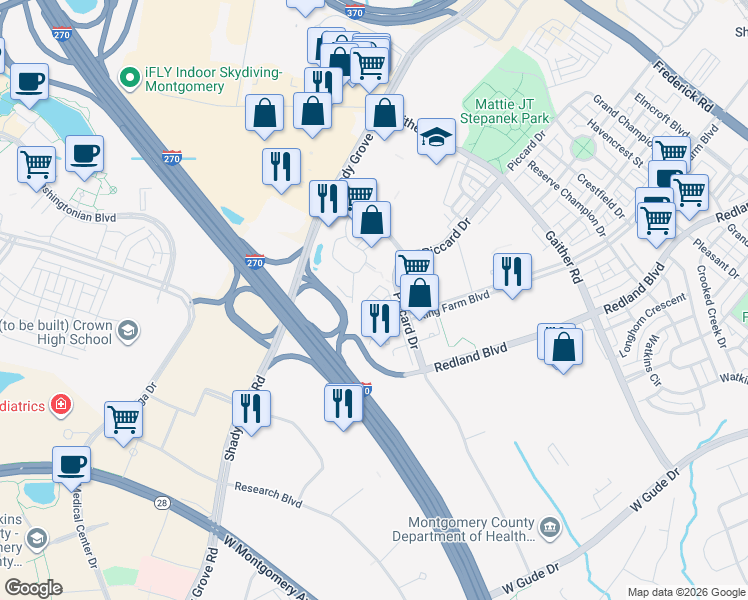 map of restaurants, bars, coffee shops, grocery stores, and more near 549 Shorthorn Way in Rockville