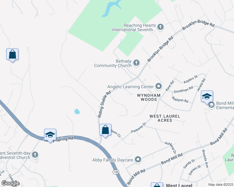 map of restaurants, bars, coffee shops, grocery stores, and more near 4900 Riding Ridge Court in Laurel