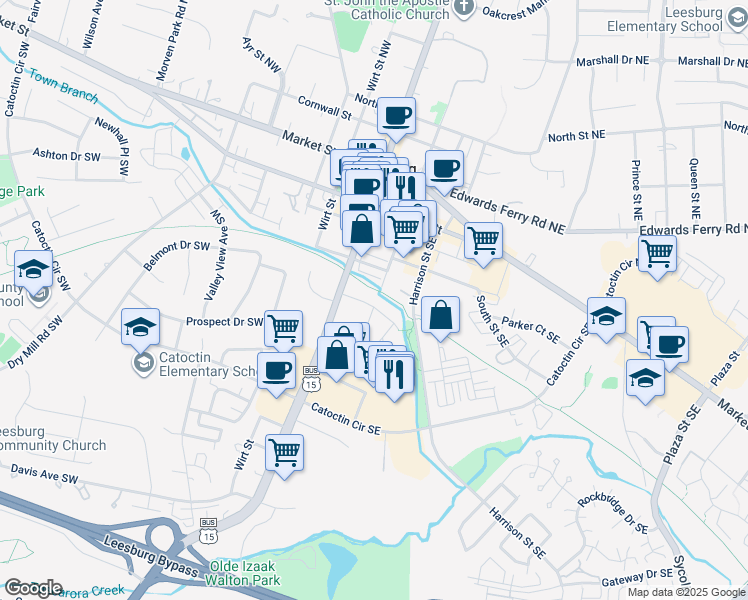 map of restaurants, bars, coffee shops, grocery stores, and more near 12 Monroe Street Southeast in Leesburg