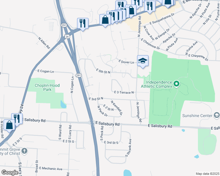 map of restaurants, bars, coffee shops, grocery stores, and more near 338 North Kendall Drive in Independence