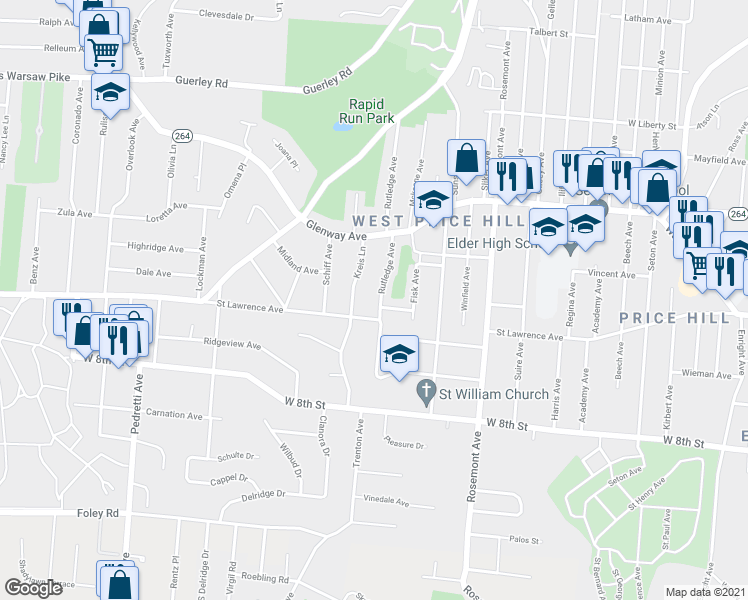 map of restaurants, bars, coffee shops, grocery stores, and more near 1019 Rutledge Avenue in Cincinnati