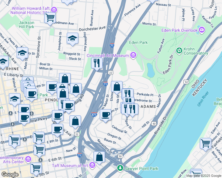 map of restaurants, bars, coffee shops, grocery stores, and more near 1264 Elsinore Avenue in Cincinnati