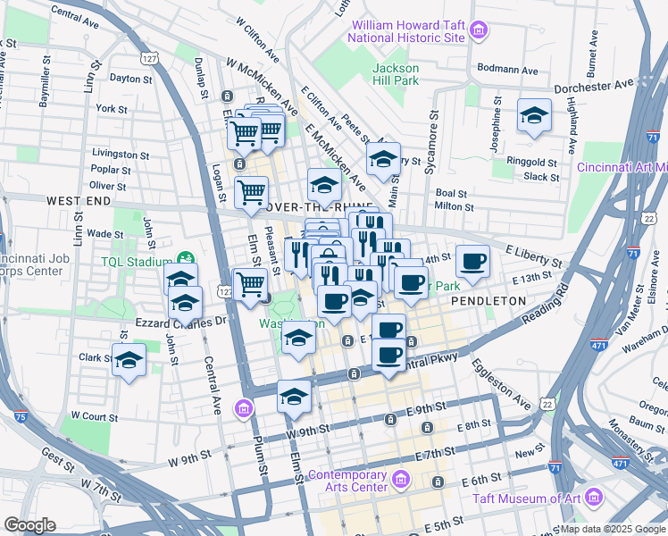 map of restaurants, bars, coffee shops, grocery stores, and more near 1415 Walnut Street in Cincinnati