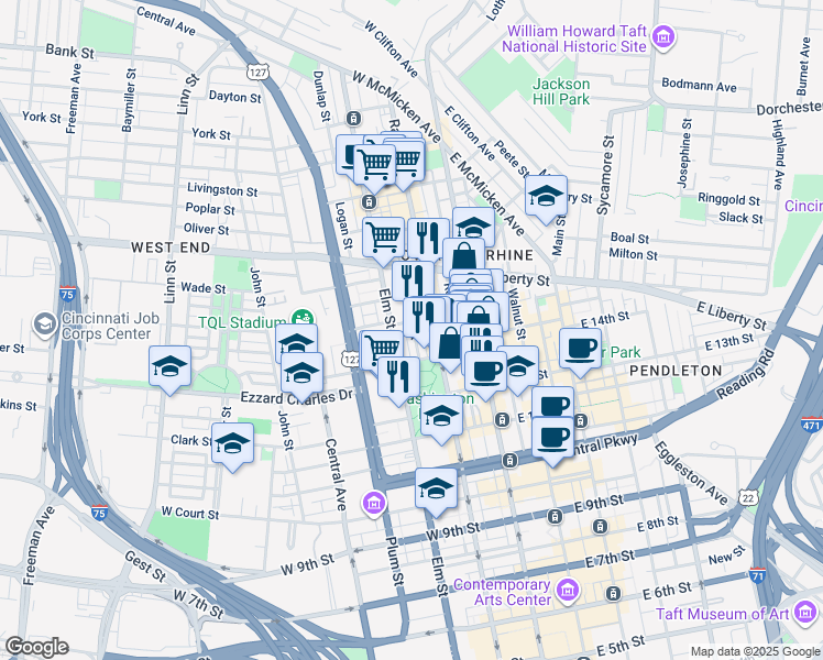 map of restaurants, bars, coffee shops, grocery stores, and more near 1419 Race Street in Cincinnati