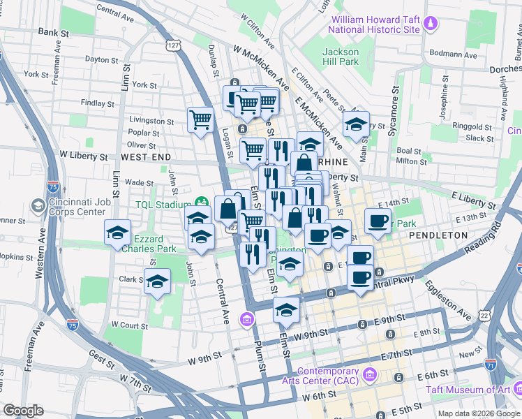 map of restaurants, bars, coffee shops, grocery stores, and more near 1429 Elm Street in Cincinnati