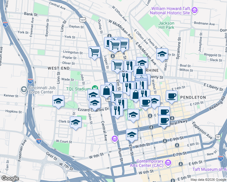 map of restaurants, bars, coffee shops, grocery stores, and more near 1429 Elm Street in Cincinnati