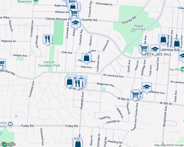 map of restaurants, bars, coffee shops, grocery stores, and more near 4753 Rapid Run Road in Cincinnati