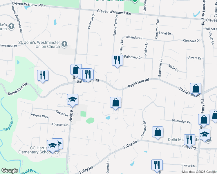 map of restaurants, bars, coffee shops, grocery stores, and more near 5597 Rapid Run Road in Cincinnati