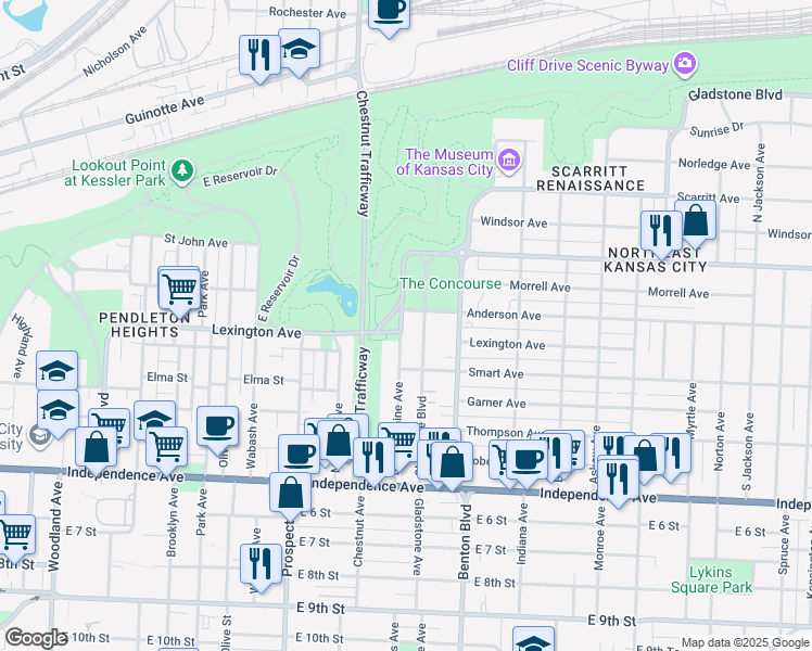 map of restaurants, bars, coffee shops, grocery stores, and more near 311 Bellefontaine Avenue in Kansas City