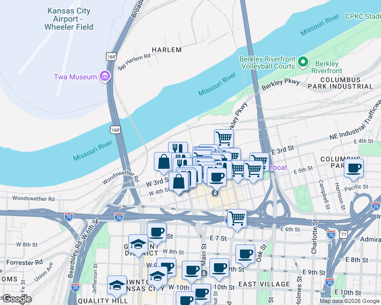 map of restaurants, bars, coffee shops, grocery stores, and more near 136 Main Street in Kansas City