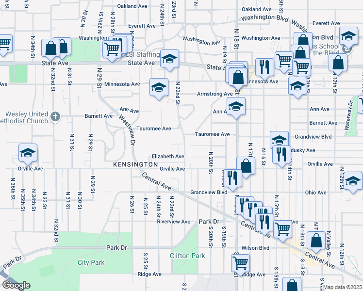 map of restaurants, bars, coffee shops, grocery stores, and more near 2211 Sandusky Avenue in Kansas City