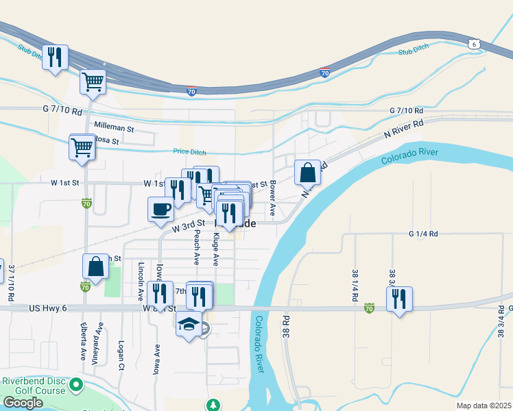 map of restaurants, bars, coffee shops, grocery stores, and more near 159 East 2nd Street in Palisade