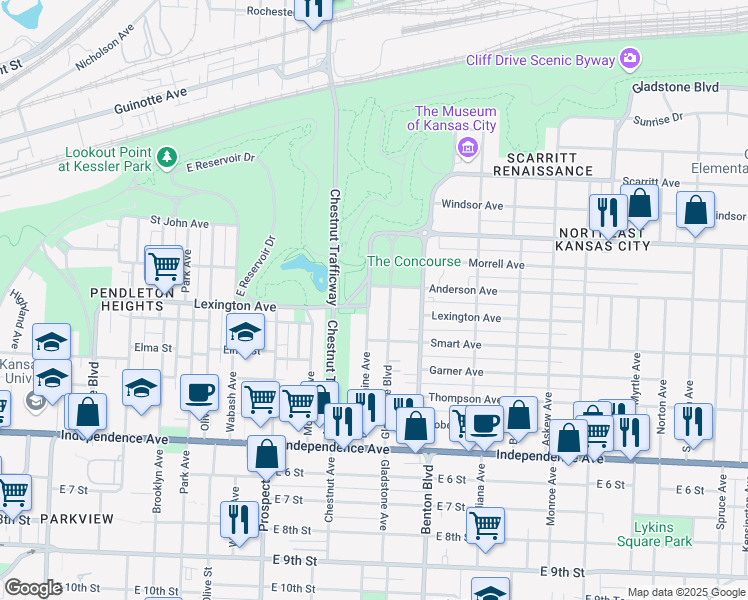 map of restaurants, bars, coffee shops, grocery stores, and more near 311 Bellefontaine Avenue in Kansas City
