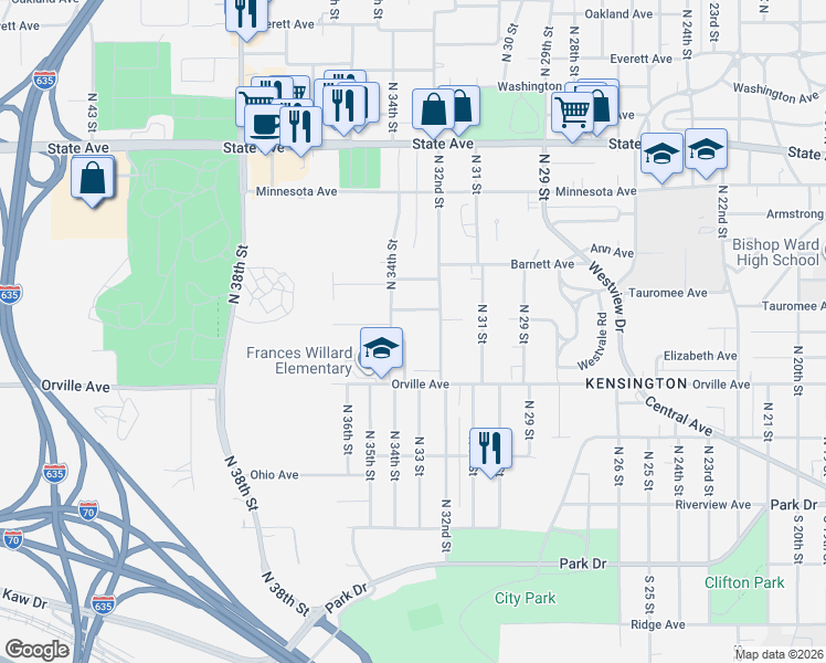 map of restaurants, bars, coffee shops, grocery stores, and more near 3218 Sandusky Avenue in Kansas City