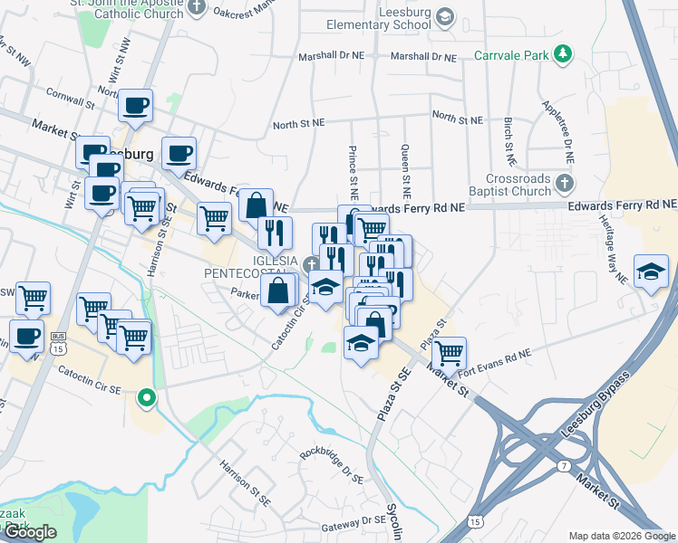 map of restaurants, bars, coffee shops, grocery stores, and more near 21 Catoctin Circle Northeast in Leesburg
