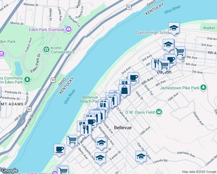 map of restaurants, bars, coffee shops, grocery stores, and more near 100 O Fallon Avenue in Dayton