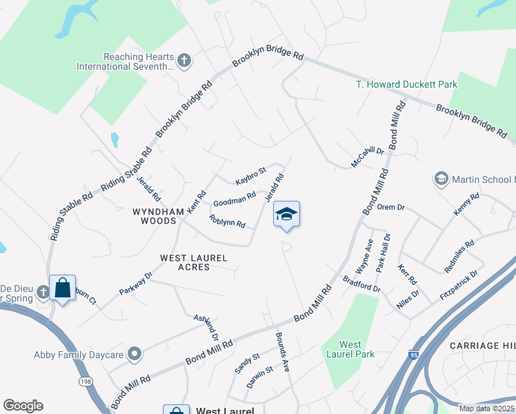 map of restaurants, bars, coffee shops, grocery stores, and more near 16122 Jerald Road in Laurel