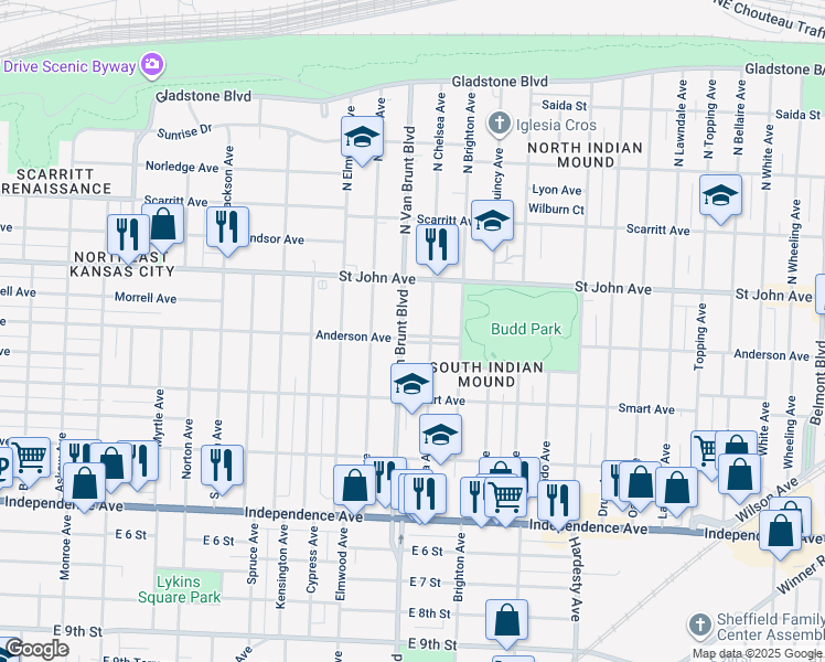 map of restaurants, bars, coffee shops, grocery stores, and more near 141 Van Brunt Boulevard in Kansas City