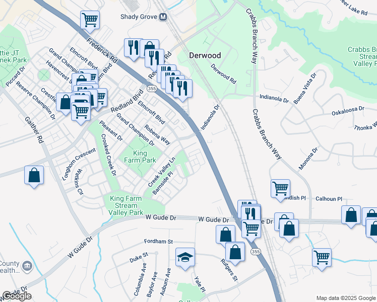 map of restaurants, bars, coffee shops, grocery stores, and more near 101A Pasture Side Place in Rockville