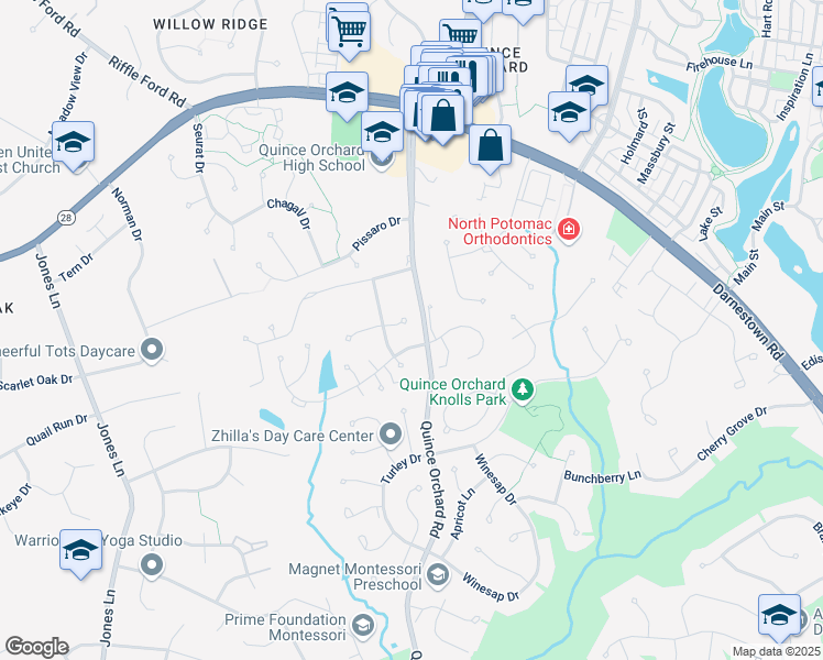 map of restaurants, bars, coffee shops, grocery stores, and more near 12204 Mosel Terrace in North Potomac