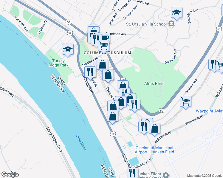 map of restaurants, bars, coffee shops, grocery stores, and more near 3815 Eastern Avenue in Cincinnati