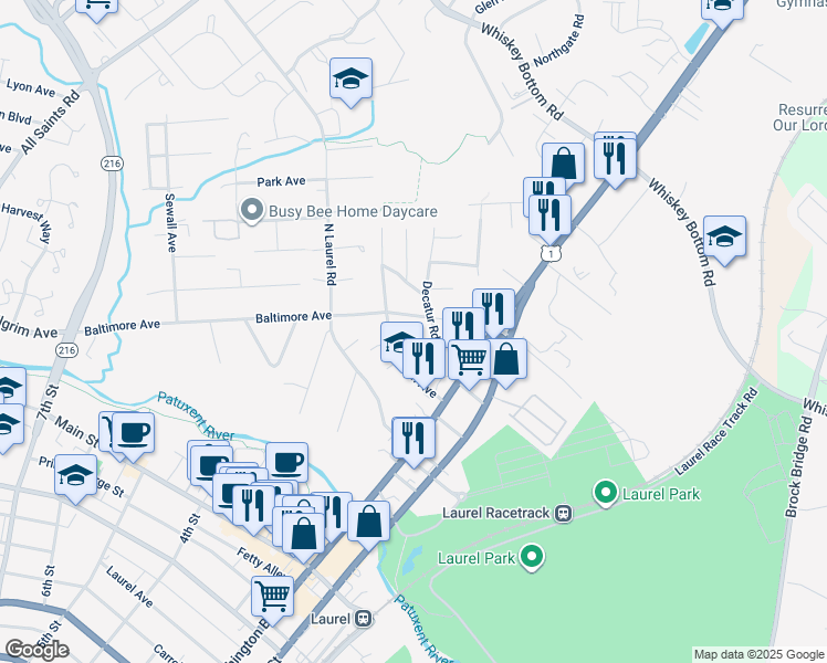 map of restaurants, bars, coffee shops, grocery stores, and more near 9405 3rd Street North in Laurel