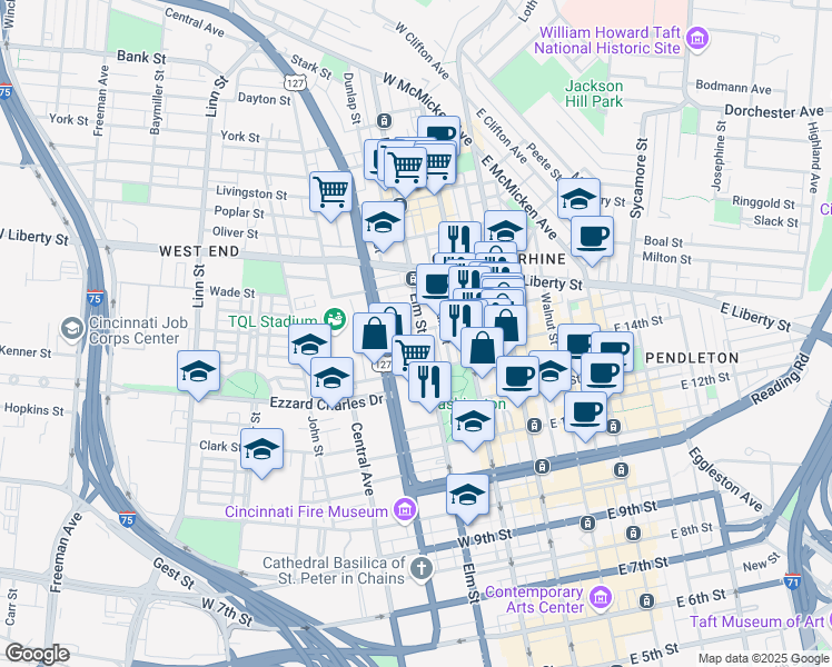 map of restaurants, bars, coffee shops, grocery stores, and more near 1433 Elm Street in Cincinnati