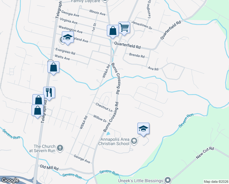 map of restaurants, bars, coffee shops, grocery stores, and more near 58 Burns Crossing Road in Severn