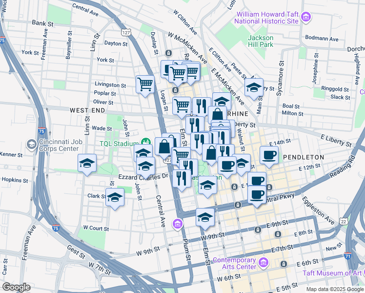 map of restaurants, bars, coffee shops, grocery stores, and more near 1433 Elm Street in Cincinnati
