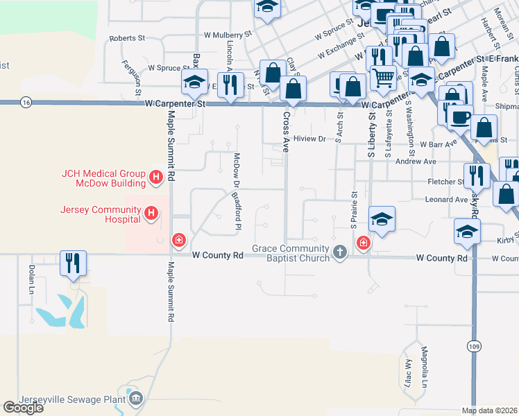 map of restaurants, bars, coffee shops, grocery stores, and more near 705 Boulder Way in Jerseyville