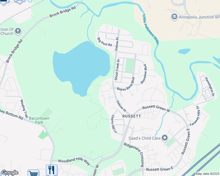 map of restaurants, bars, coffee shops, grocery stores, and more near 3103 River Bend Court in Laurel