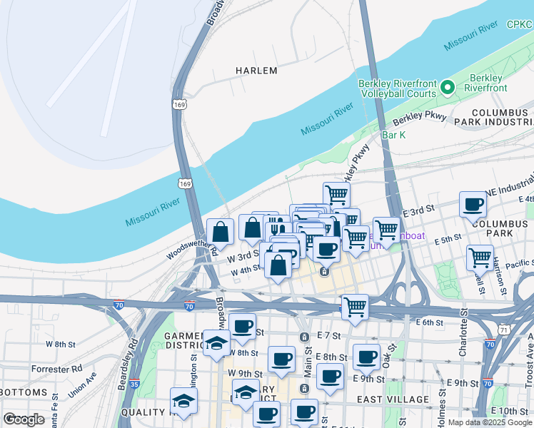 map of restaurants, bars, coffee shops, grocery stores, and more near 114 Delaware Street in Kansas City