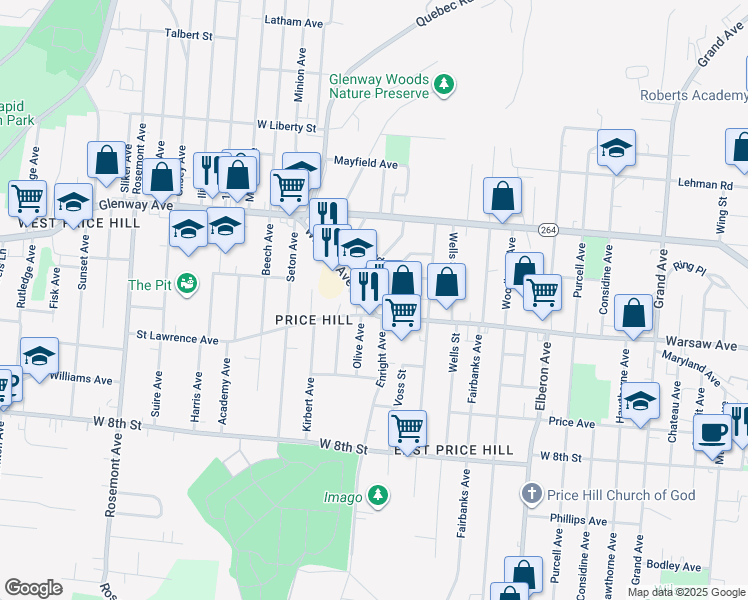 map of restaurants, bars, coffee shops, grocery stores, and more near 3664 Warsaw Avenue in Cincinnati