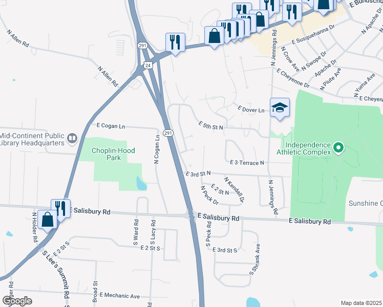 map of restaurants, bars, coffee shops, grocery stores, and more near 16413 East 3rd Terrace Court North in Independence