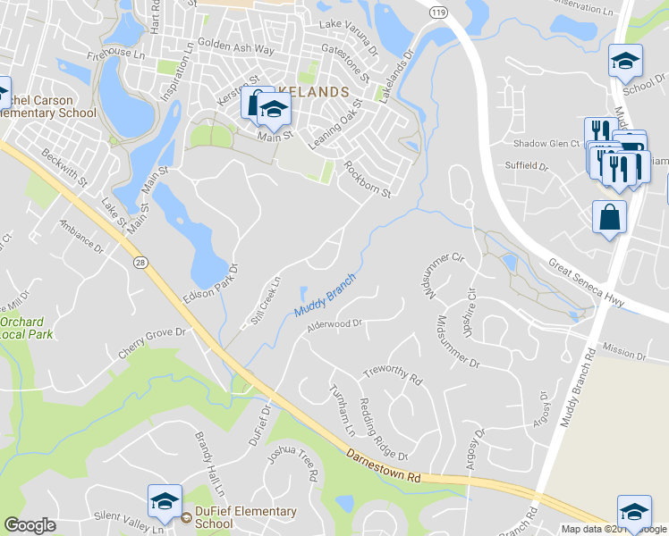 map of restaurants, bars, coffee shops, grocery stores, and more near 722 Turtle Pond Lane in Gaithersburg