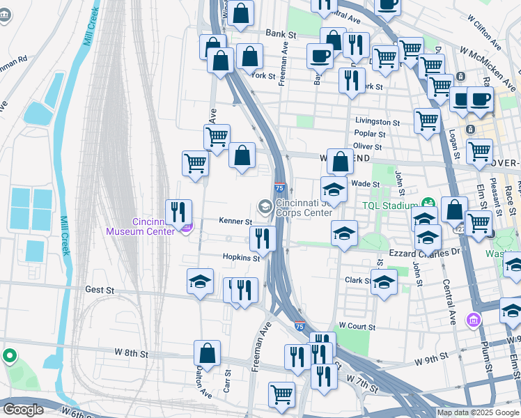 map of restaurants, bars, coffee shops, grocery stores, and more near 1423 Western Avenue in Cincinnati