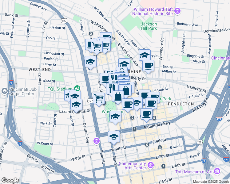 map of restaurants, bars, coffee shops, grocery stores, and more near 1419 Race Street in Cincinnati