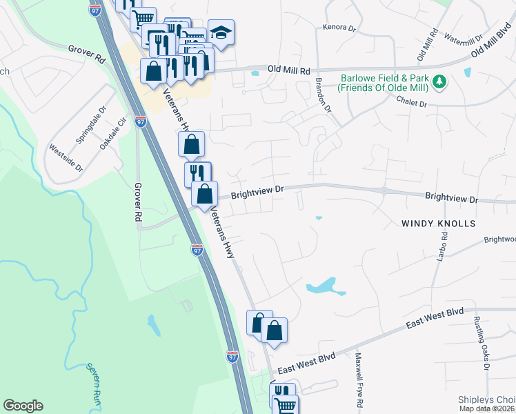 map of restaurants, bars, coffee shops, grocery stores, and more near 114 Arrowhead Dr in Severna Park