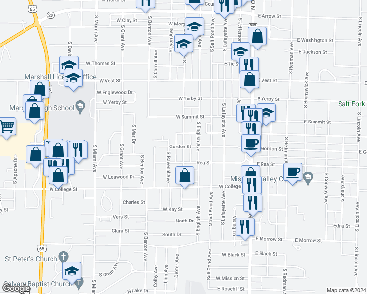 map of restaurants, bars, coffee shops, grocery stores, and more near 1001 South Ellsworth Avenue in Marshall
