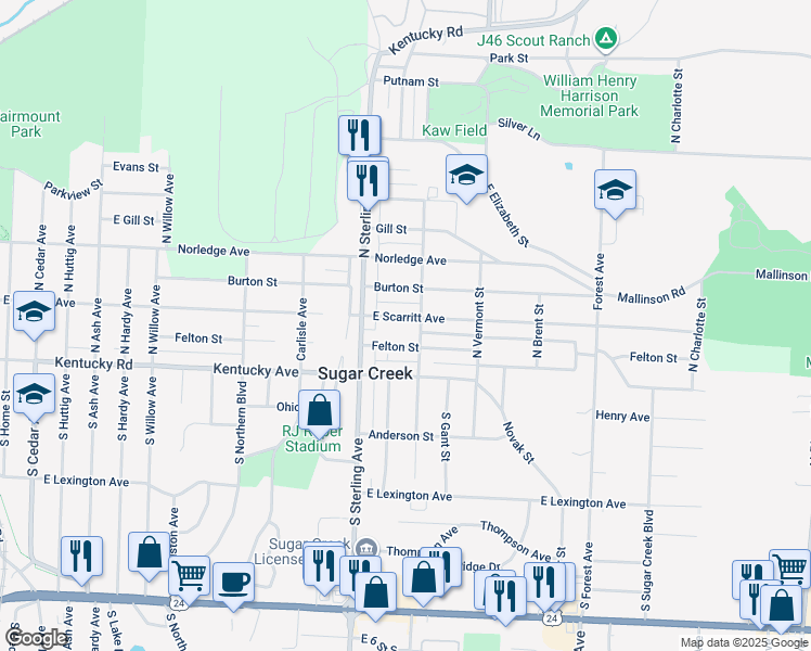 map of restaurants, bars, coffee shops, grocery stores, and more near 11221 East Scarritt Avenue in Sugar Creek