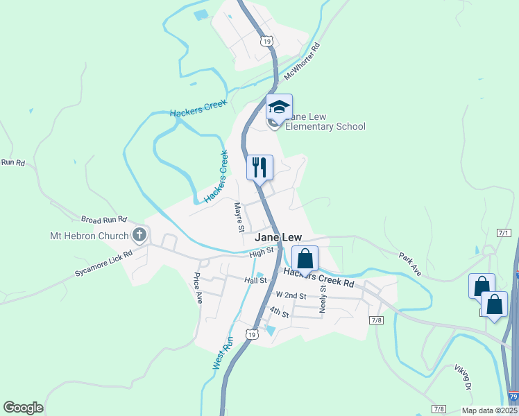 map of restaurants, bars, coffee shops, grocery stores, and more near 6215 Main St in Jane Lew