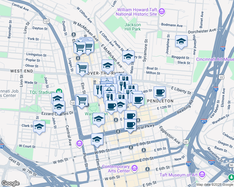 map of restaurants, bars, coffee shops, grocery stores, and more near 1415 Walnut Street in Cincinnati